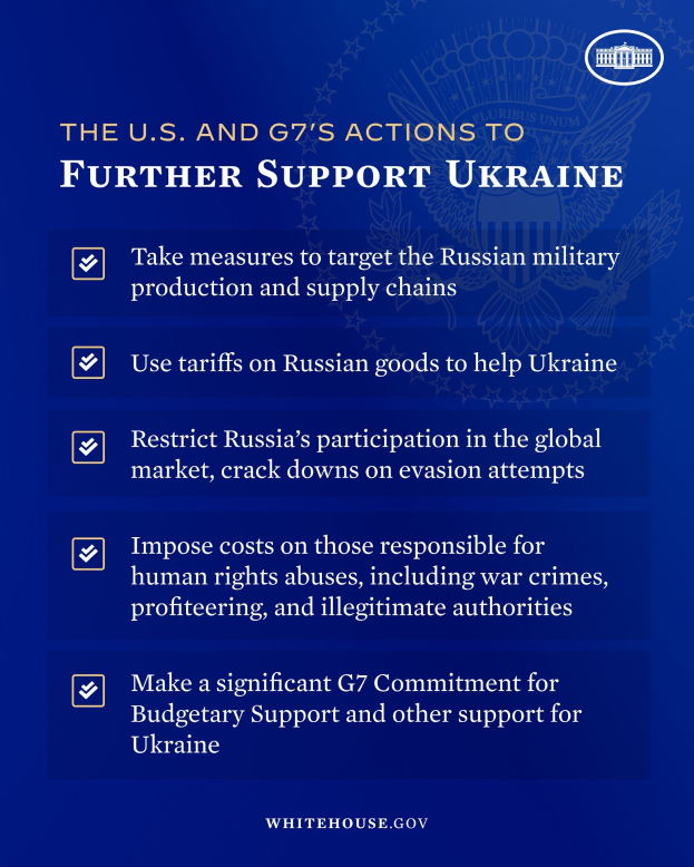 Blue poster with white text and a white circle logo containing red "G7" text, titled "The U.S. and G7's Actions to Further Support Ukraine."