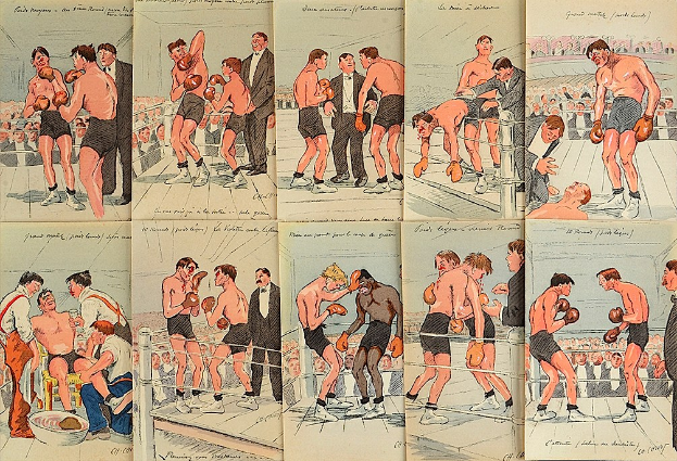 Ein Buchumschlag mit einer Illustration eines Boxkampfes in einem Ring mit mehreren Kämpfern, die Handschuhe tragen und Schläge austeilen, umgeben von einer Menge.