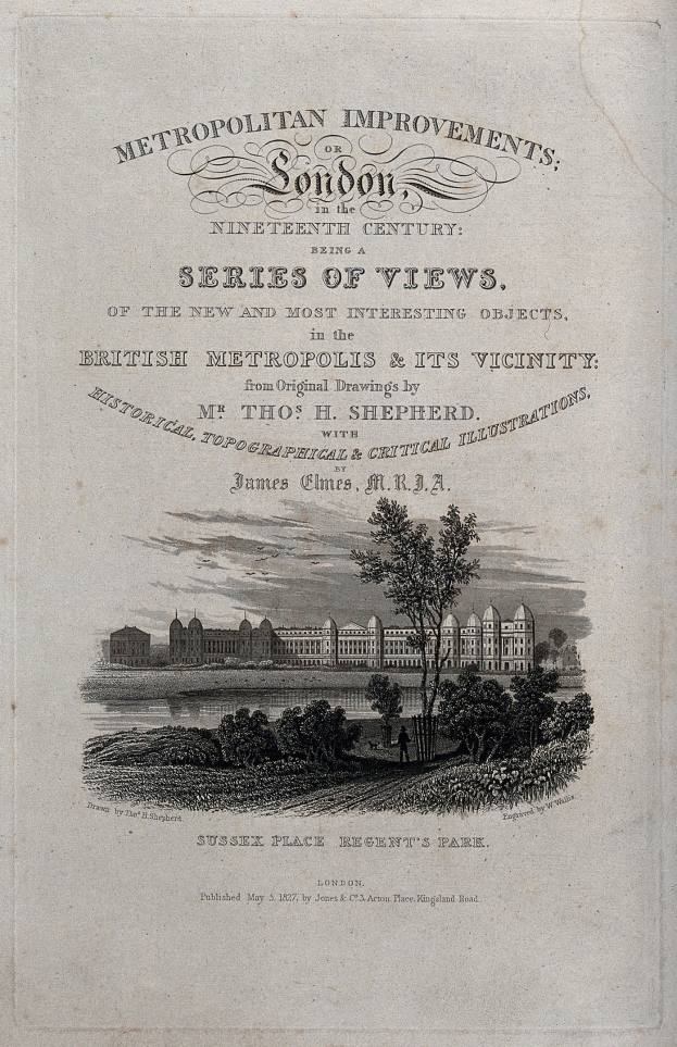 Old book cover with a detailed illustration of a cityscape featuring trees, tall buildings, and classic-style text.