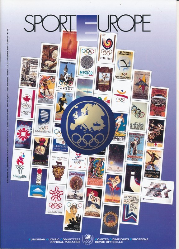 Ein Buchumschlag mit dem Titel "Sport in Europa" in leuchtenden Farben, detaillierten Designs und verschiedenen olympischen Symbolen und Bildern aus europäischen Spielen.