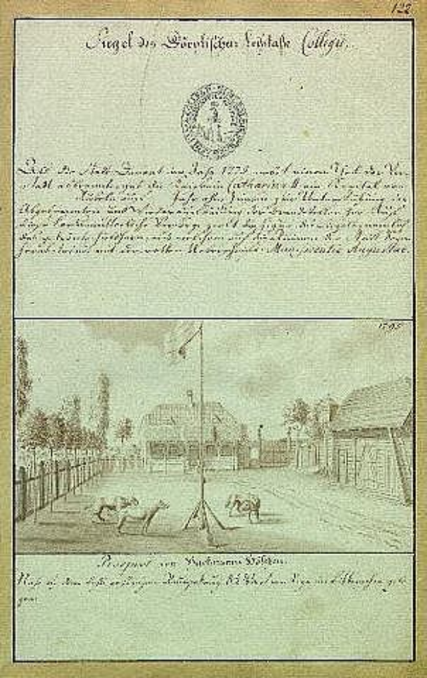 Black and white copy of the first draft of the German Constitution, featuring a hand-drawn street scene with a flagpole, buildings, trees, and sky.