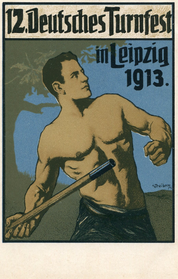 Poster for the 12th Deutsches Turnfest in Leipzig, Germany (1913), showing a person holding a stick, with text and a tree in the background.