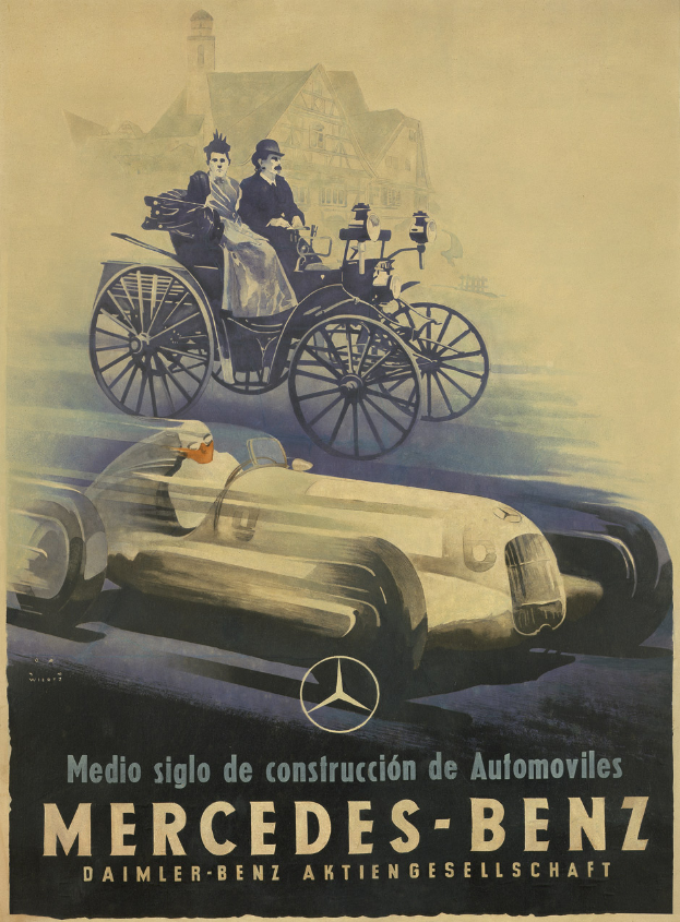 Eine alte Mercedes-Benz-Werbung aus den 1930er Jahren, die ein Auto mit zwei Personen darin, ein Geb├Ąude im Hintergrund und beschreibenden Text zeigt.