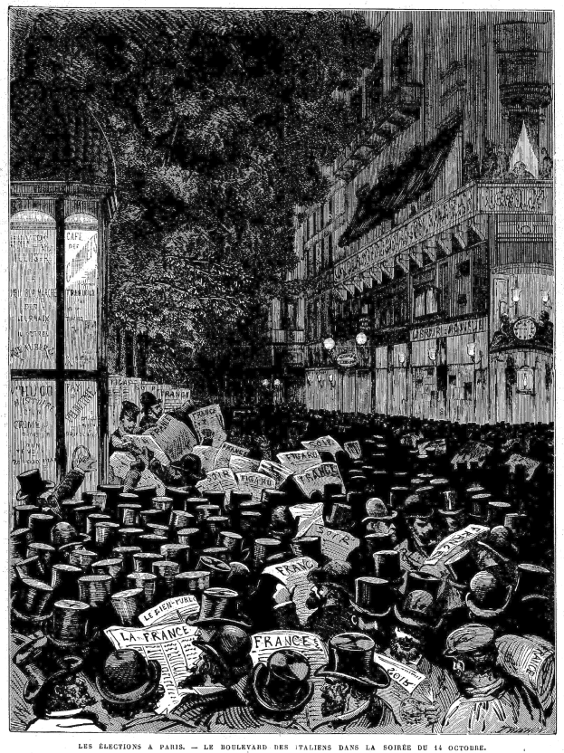 Schwarz-weiß-Illustration einer belebten Stadtstraße mit einem Gebäude auf der rechten Seite und einem Baum im Hintergrund, betitelt "Les élections à Paris, le boulevard des italiens dans la soirée du 16 octobre 1885".