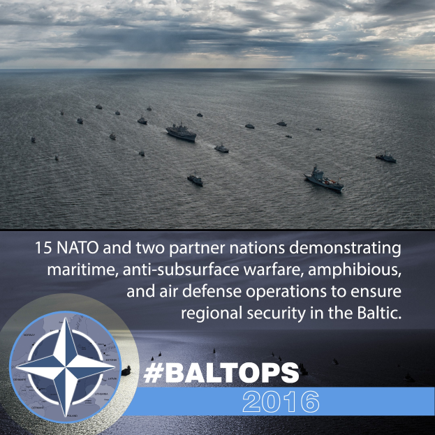 Schiffsverband auf dem Wasser mit bewölktem Himmel, darunter Text und Logo über NATO-Meereseinsätze in der Ostsee.