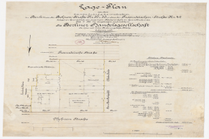 Old document with a detailed floor plan of the Berliner Handelagellachaft, featuring handwritten text and a stamp on the left side.