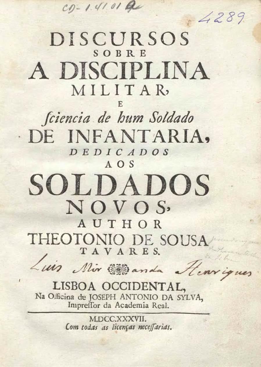 Old book titled "Discursos Sobre a Disciplina Militar" with a deep blue cover and white border, featuring bold white text in the center.