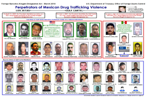 Plakat mit der Aufschrift "Täter mexikanischer Drogenhandelsgewalt" mit Abbildungen verschiedener Personen und fetter schwarzer Schrift auf hellblauem Hintergrund.