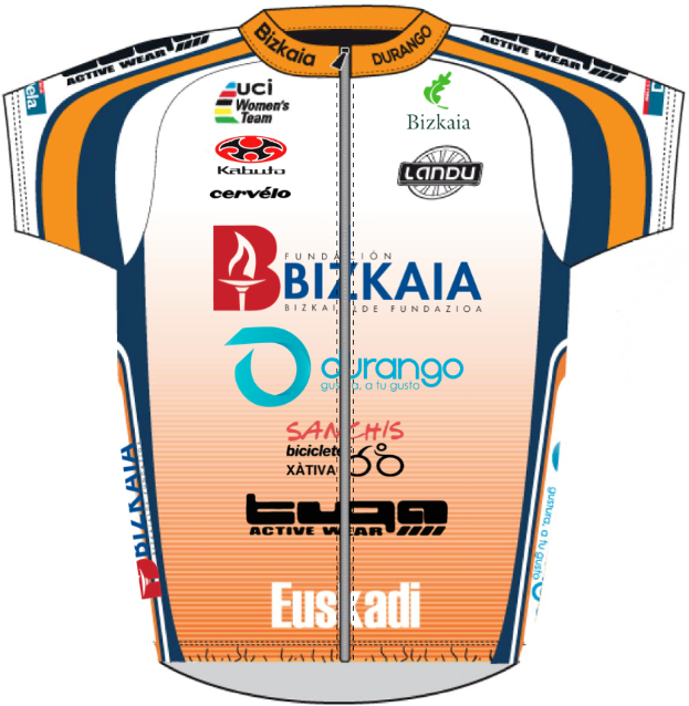 Ein animiertes Fahrradtrikot in Weiß und Orange mit einem prominenten Logo auf der Brust.