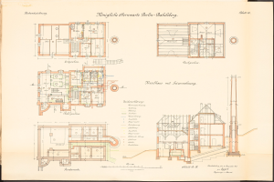 Old book with detailed architectural plans and text, featuring a drawing of the original plan for the Königliche Hermwerk Berlin-Baklberg.