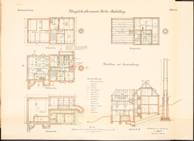 Old book with detailed architectural plans and text, featuring a drawing of the original plan for the Königliche Hermwerk Berlin-Baklberg.