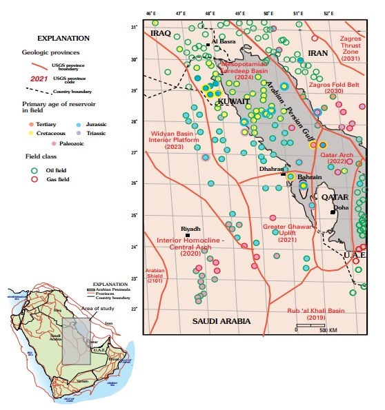 Poster featuring a map of the Gulf of Oman with marked oil and gas fields, accompanied by explanatory text.
