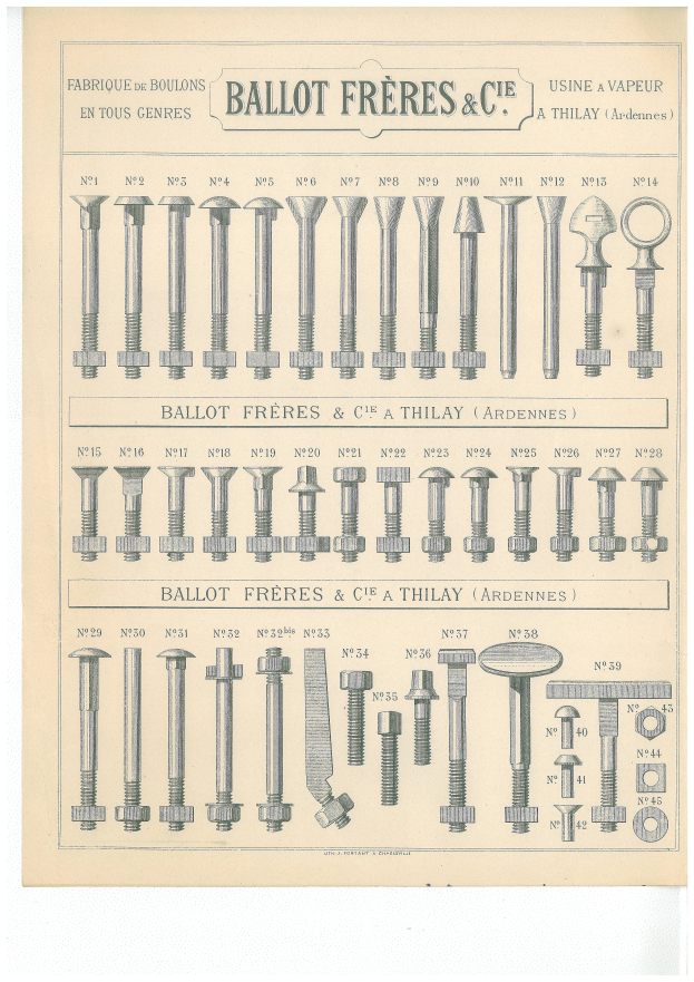 Ein Blatt Papier mit verschiedenen Schrauben und Muttern in ordentlicher Anordnung, mit der fett gedruckten Schrift "Ballot Freres et Cie".