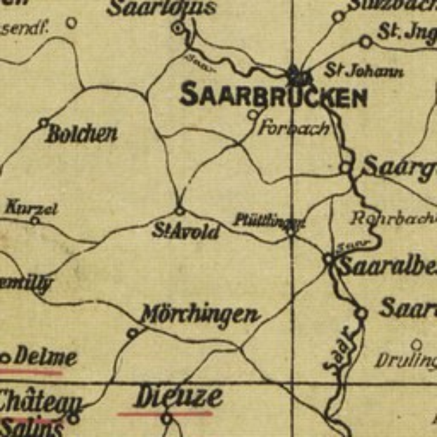 Detailed old map of Saarbrücken, Germany, showing streets, buildings, and landmarks with classic typography.