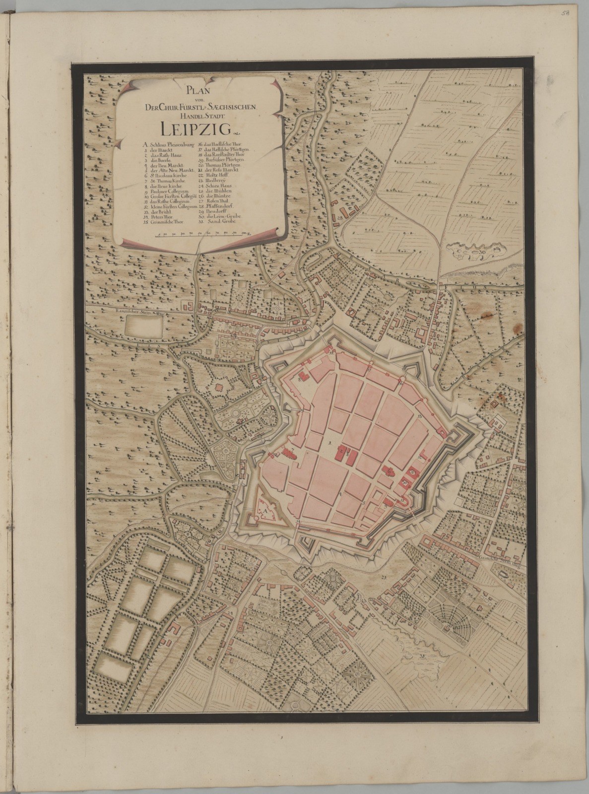 A detailed old book page featuring a vintage map of Leipzig, Germany, with visible street names, buildings, and landmarks.