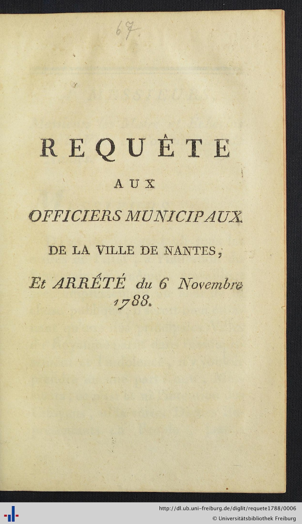 Cover of an old book titled "Requête aux officiers municipaux de la ville de Nantes et arrêté du 6 novembre 1788" against a black background.
