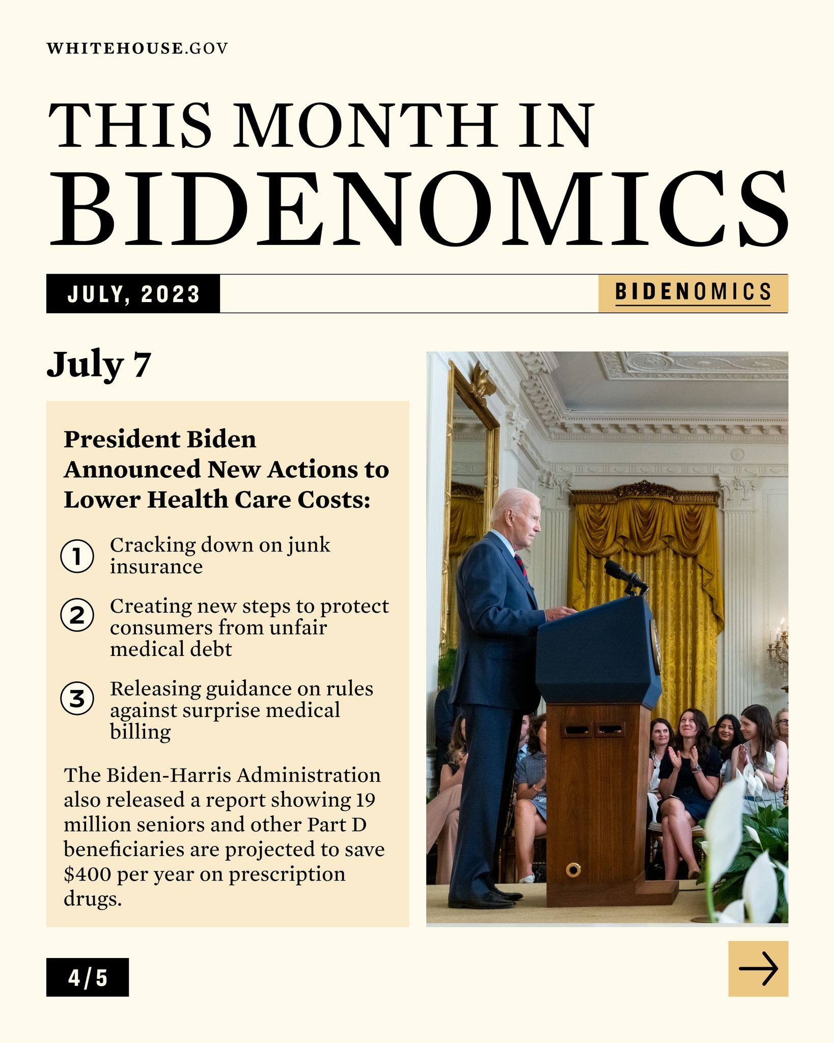 President Biden stands at a podium with a microphone, facing a seated audience, with a curtained wall in the background and the text "This Month in Bidenomics July 2023" visible.