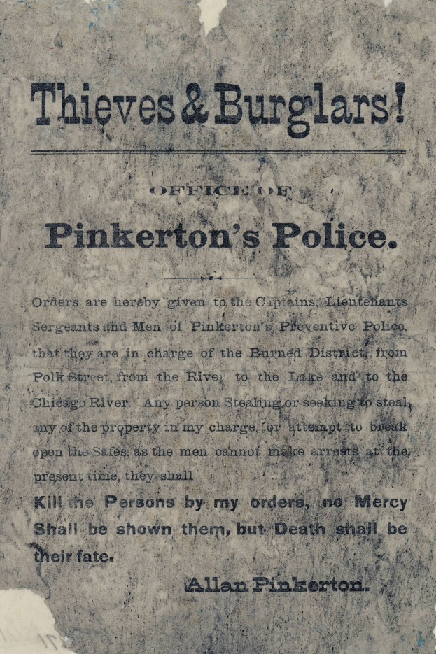 Ein Plakat mit fetter schwarzer Schrift, die 'Thieves & Burglars Pinkerton's Police' lautet, mittig auf einem weißen Hintergrund, eingerahmt von einem schmalen schwarzen Rand.