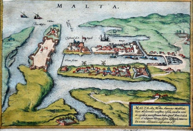 Ein detaillierter alter Stadtplan von Malta mit Gebäuden, Straßen und anderen Stadtmerkmalen mit Text oben und unten.