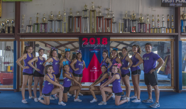 Gruppe von Cheerleadern in lila T-Shirts und schwarzen Shorts, die vor einem Trophy-Vitrinenregal mit einem Banner "2018 Summit Cheerleading Champions" posieren.