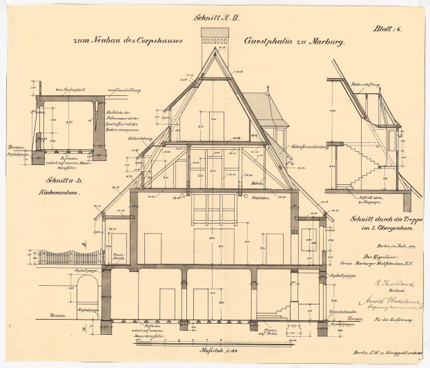 Ein detailliertes Hausentwurf mit zahlreichen Fenstern und einem Dach, begleitet von Plänen und Text, der als erstes Haus in Deutschland gilt.