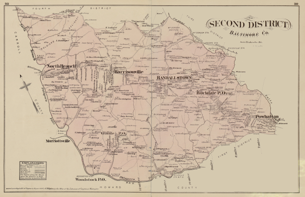 Ein detaillierter alter Stadtplan des zweiten Bezirks von Baltimore, Maryland, mit Text, der einen überblick über das Gebiet bietet.