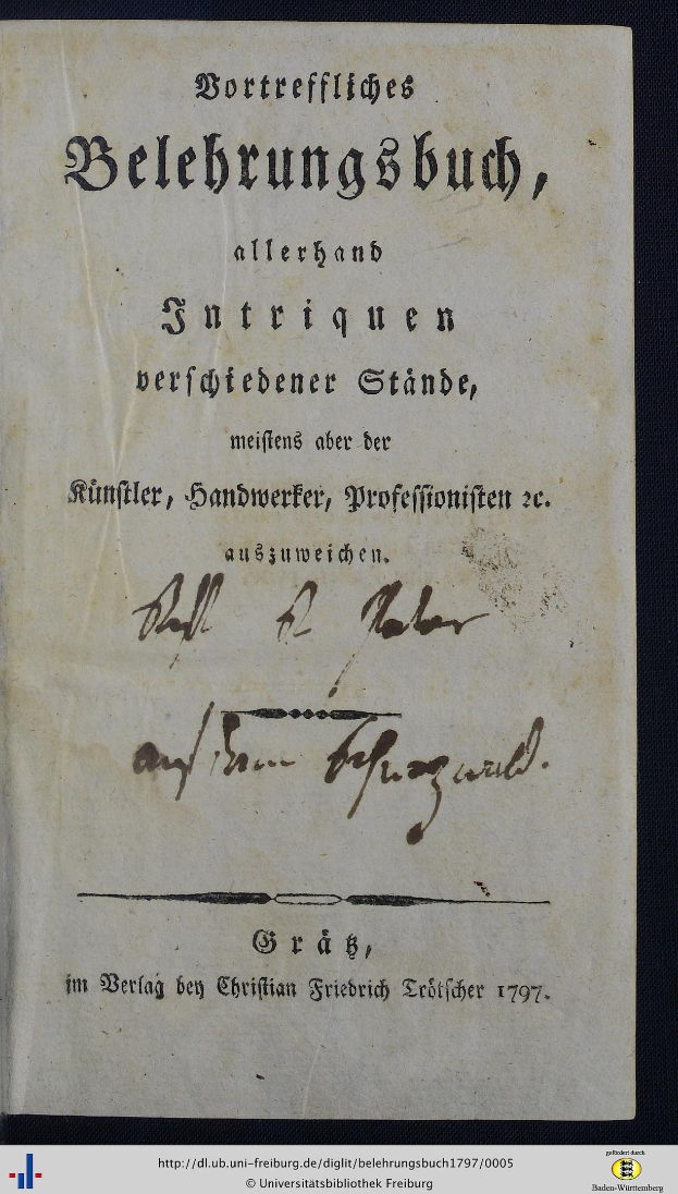 Old book with black background and black and white image of handwritten text reading "Bortreffiliges Belebrungsbuch, allerband sutriquen, derfebeneer stände, meifens ab der meifen, sandwerfer, professionifen zu ausgauweichen, auszüweichen".