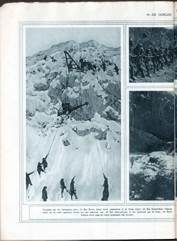 Schwarzes und weißes Foto von Menschen, die einen schneebedeckten Berg in einem offenen Buch hochklettern, mit zusätzlichem Text und Bildern.