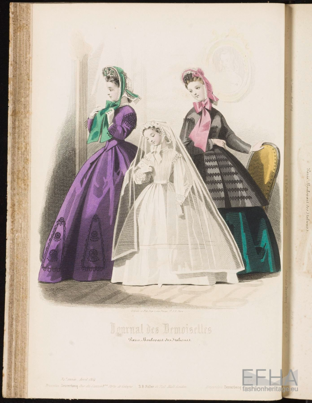 A fashion history book titled "Journal des Demoiselles" open to a page with a drawing of three women in colorful dresses and hats, one seated on a chair.