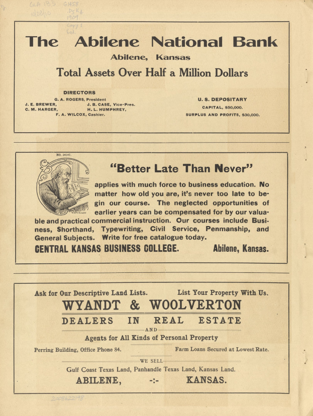 Old newspaper advertisement for the Abilene National Bank with a central portrait and text describing its services.