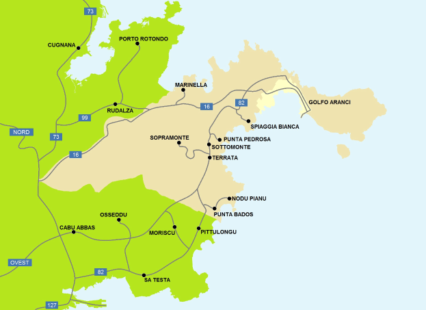 Detailierte Karte von Sardinien, Italien, mit Markierungen von Touristenattraktionen, Straßen, Städten, Sehenswürdigkeiten und Gewässern mit beschreibendem Text.