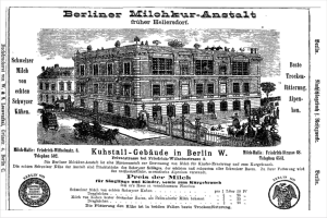 Black and white advertisement for a building in Berlin, Germany, featuring text and an image of the structure.