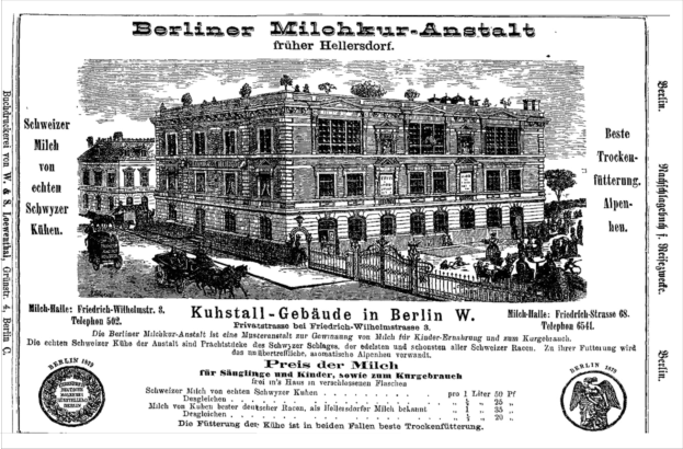 Black and white advertisement for a building in Berlin, Germany, featuring text and an image of the structure.