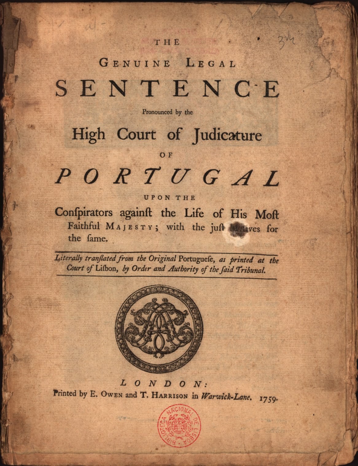 Old book with black background and a stamp, text on paper reads "The Genuine Legal Sentence of the High Court of Judiciary of Portugal".
