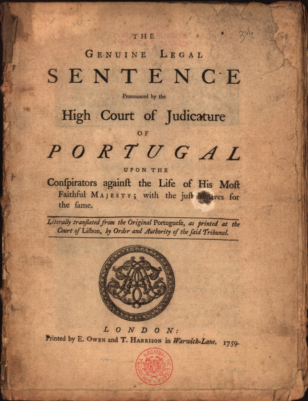 Old book with black background and a stamp, text on paper reads "The Genuine Legal Sentence of the High Court of Judiciary of Portugal".