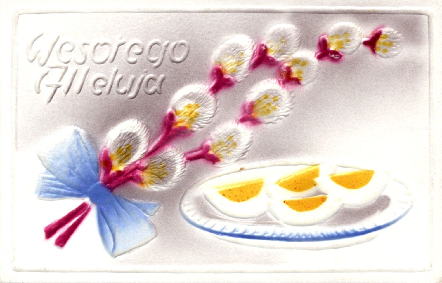 Eine alte Postkarte mit einem Teller voller bunter Eier, umgeben von einem dekorativen Blumenrand, mit der Aufschrift "Ostereier".