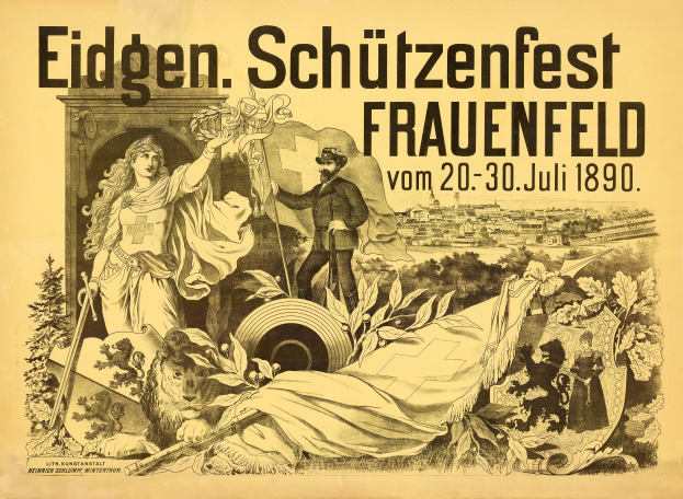 Ein Vintage-Plakat für das Eidgen Schützenfest in Frauenfeld, Deutschland, das einen Mann in einem Anzug und eine Frau in einem Kleid zeigt, die nebeneinander stehen, mit Ereignisinformationen darauf.
