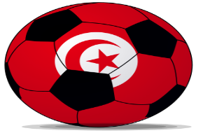 Ein Fußball mit der tunesischen Flagge, die rot, schwarz und weiß ist, vor einem weißen Hintergrund.