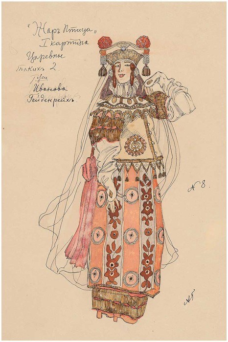 A detailed drawing of a woman in a traditional Russian costume, featuring a long dress with a high neckline and long sleeves, her hair in a bun, with closed eyes and a serene expression, accompanied by the text "Russian Costume Design".