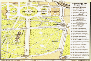 Detailed old map of Brandenburg, Germany, showing streets, buildings, parks, and landmarks with accompanying text.