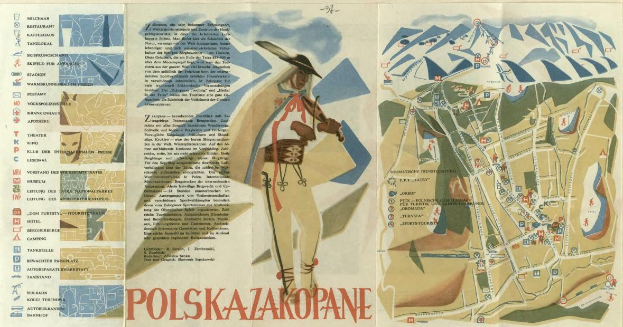 A detailed old map of Polskazakopane, Poland, with a person standing in the center, showing streets, landmarks, and points of interest.