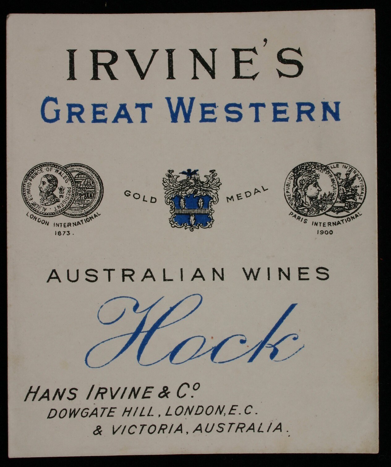Plakat, das "Irvines Große Western Australian Wines Hock" mit Firmenlogos ankündigt, wahrscheinlich verschiedene Weinsorten beworben.