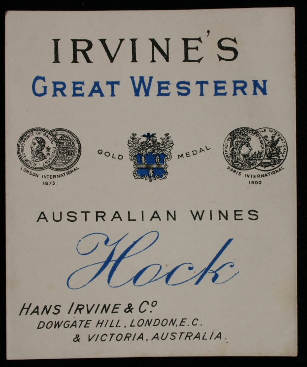 Plakat, das "Irvines Große Western Australian Wines Hock" mit Firmenlogos ankündigt, wahrscheinlich verschiedene Weinsorten beworben.