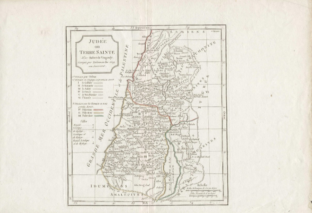 Detailed old map of Israel on a black background, showing countries, regions, cities, towns, and geographical features with accompanying text.