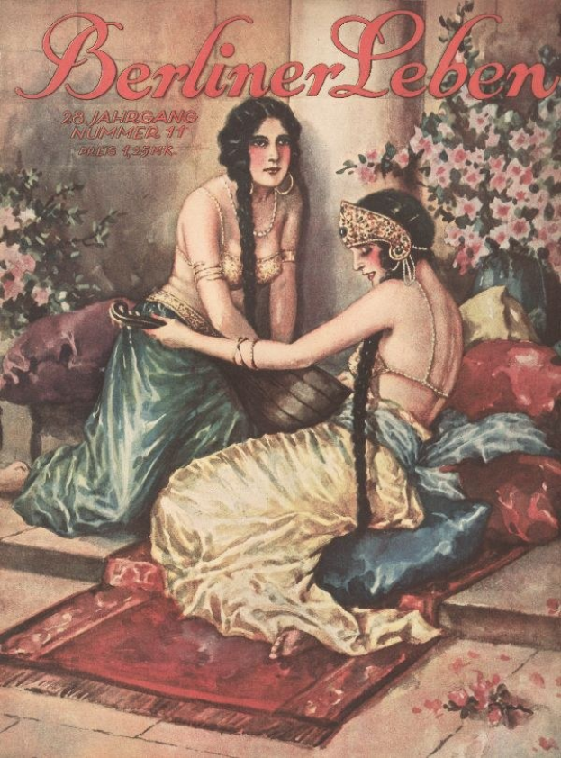 Plakat mit zwei Frauen auf einem Bett umgeben von Kissen und Pflanzen mit Blumen, betitelt "Berliner Leben Magazin-Cover aus Oktober 1931".