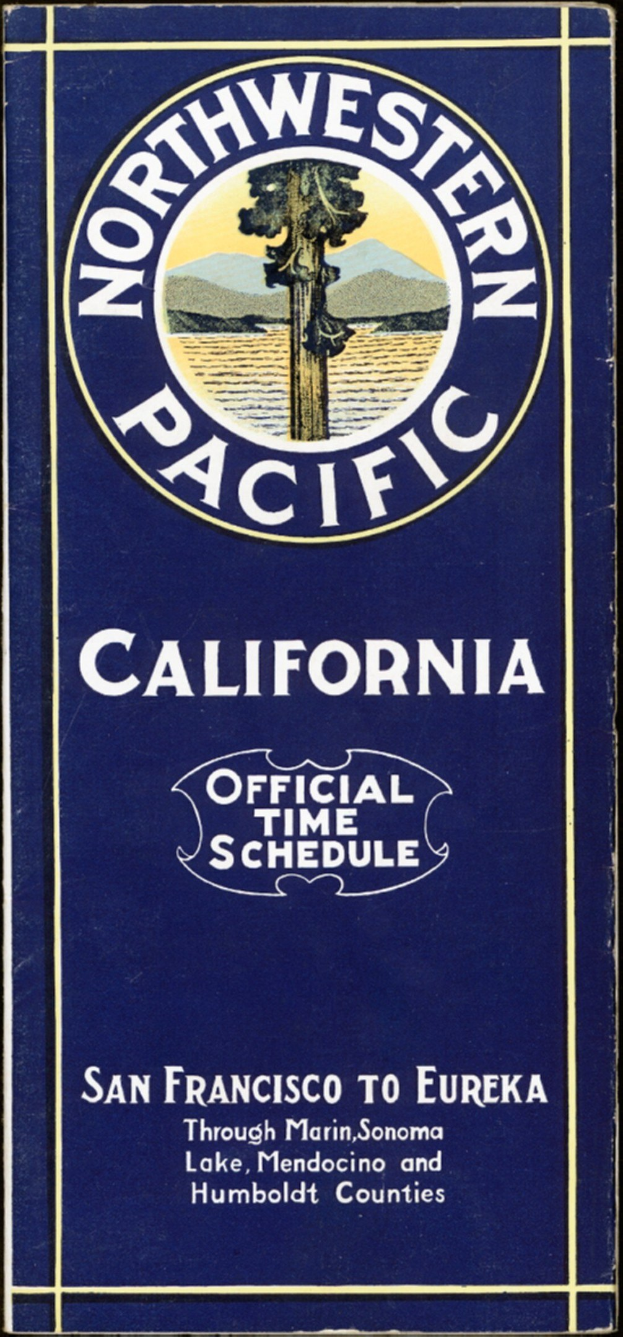 Poster with "Northwestern Pacific California Official Time Schedule" text on a black background.