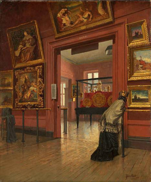 Eine Frau sitzt auf einem Stuhl in einem Raum mit Gemälden an den Wänden, darunter "Die Galerie des Museums der Schönen Künste" von Joseph Mallord William Turner, einem Tisch mit verschiedenen Gegenständen, einer Tür, einem Fenster und einer Decke mit Lampen.