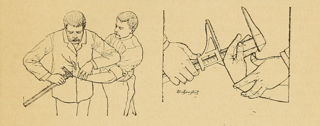 Eine Zeichnung eines Mannes, der ein Messer in einer Hand und ein Kind in der anderen hält, mit einem menschlichen Gesicht in der Mitte und Text auf dem Papier.