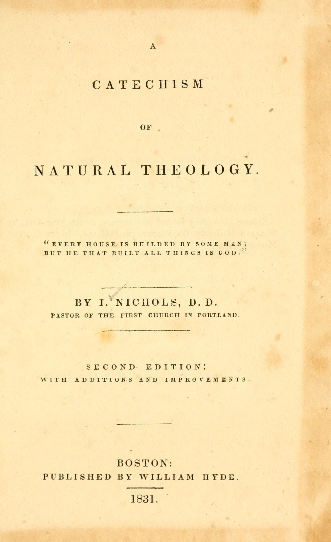 Old book titled "A Catechism of Natural Theology" open to a page with black cursive text on a light cream background.