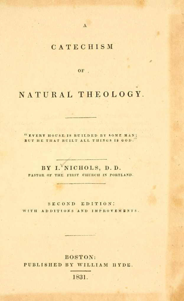 Old book titled "A Catechism of Natural Theology" open to a page with black cursive text on a light cream background.